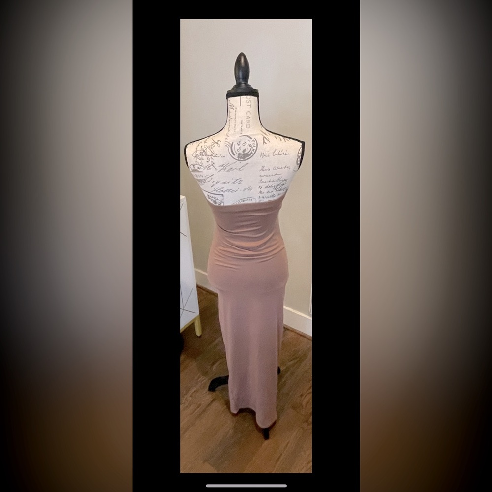 Women’s Brown Stretchy Strapless Bodycon Tube  Full Length Dress W/Slit Size S